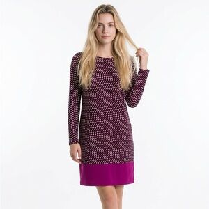 Smart Set Magenta and White Geometric Long Sleeve Shift Dress with Solid Hem